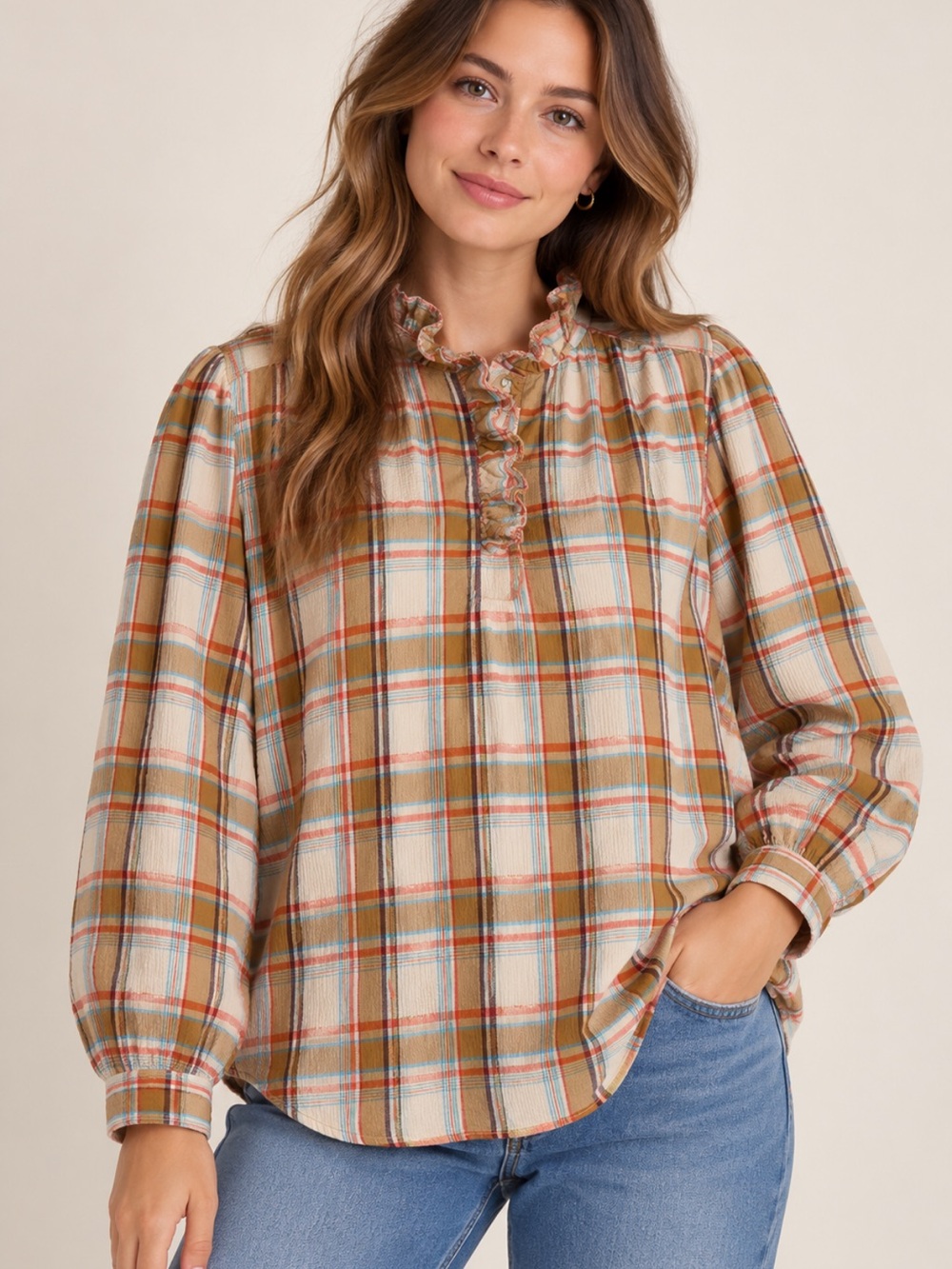 St John’s Bay 100% Cotton Plaid Ruffle Blouse Top 1X Boho